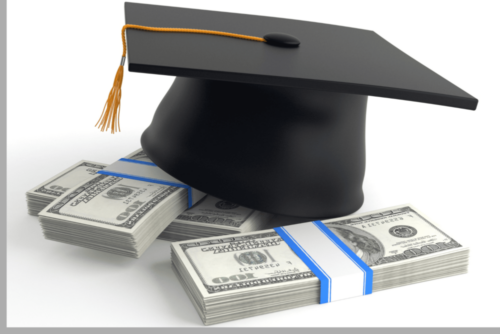 A photo of a graduation cap sitting on a pile of money.